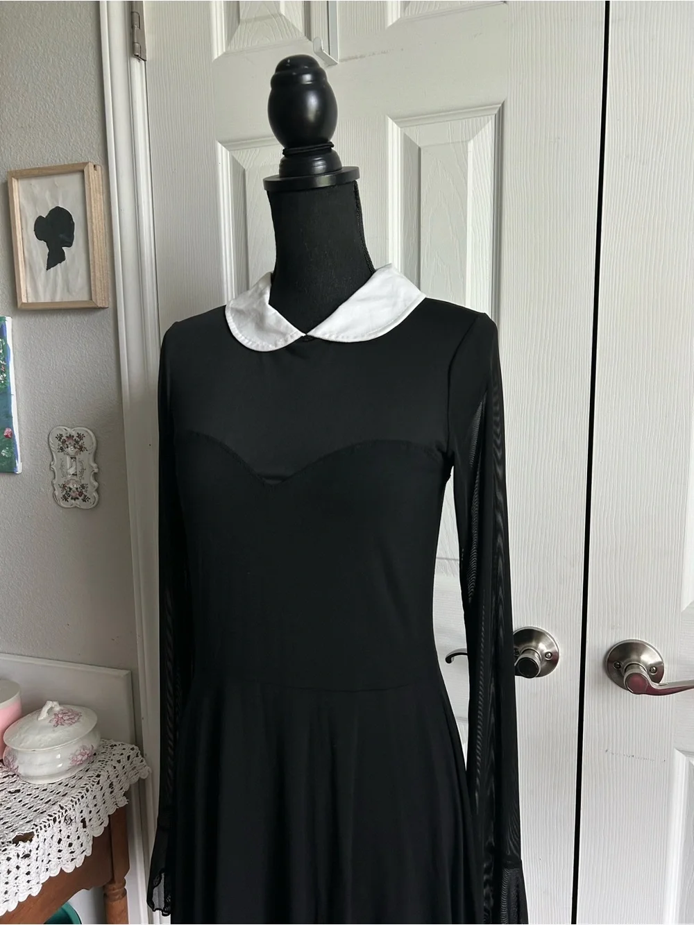 Dolls Kill | Current Mood white collared black mesh long sleeve mini dress - Picture 8 of 9